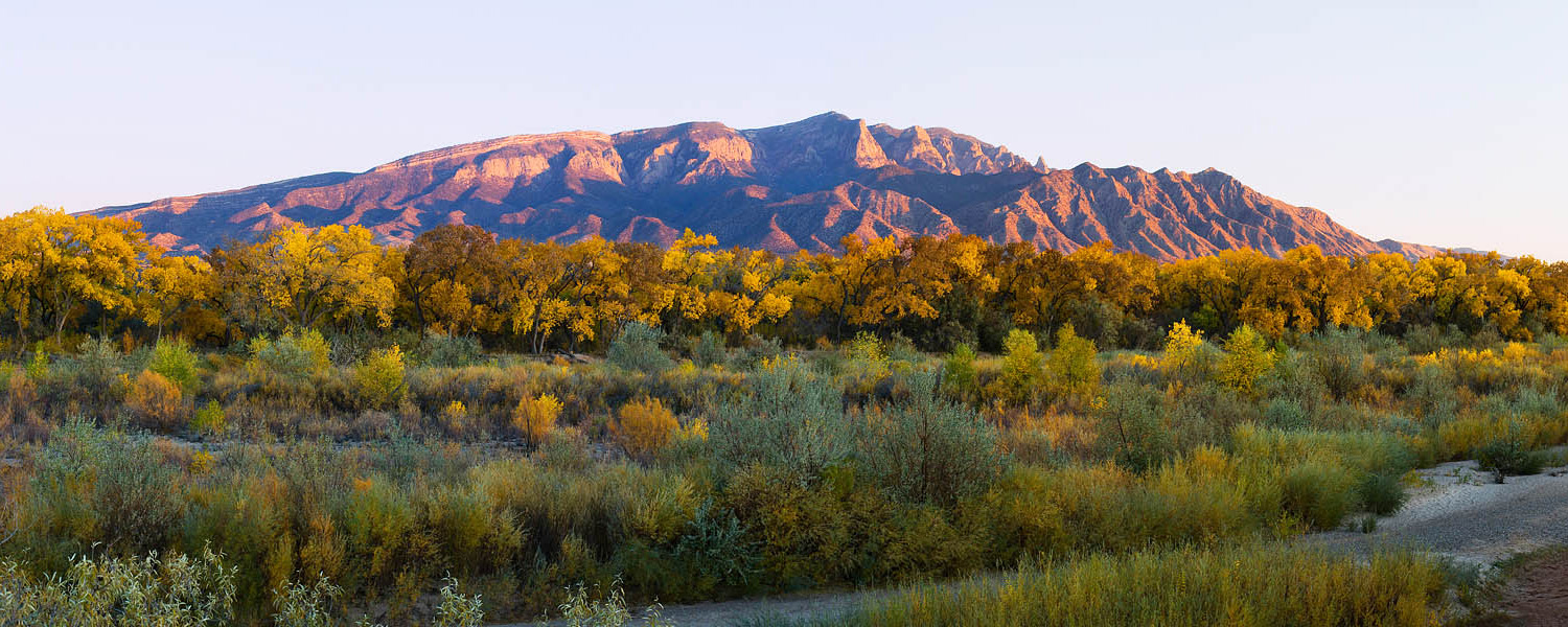 Rio Grande from Coronado State Monument Sandia Mountains at sunset
